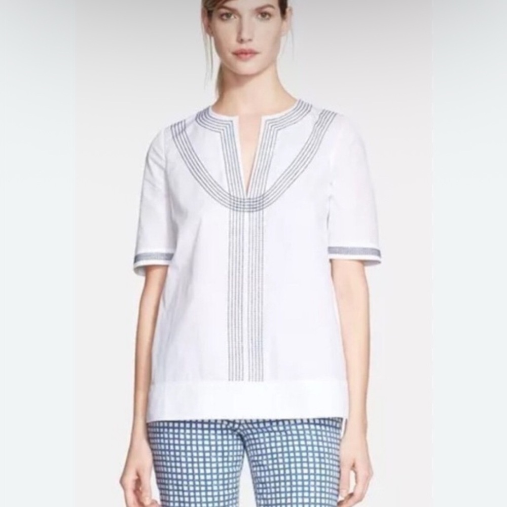 Tory Burch Embroidered Poplin relaxed Tunic White & Navy Details Cotton Size 2